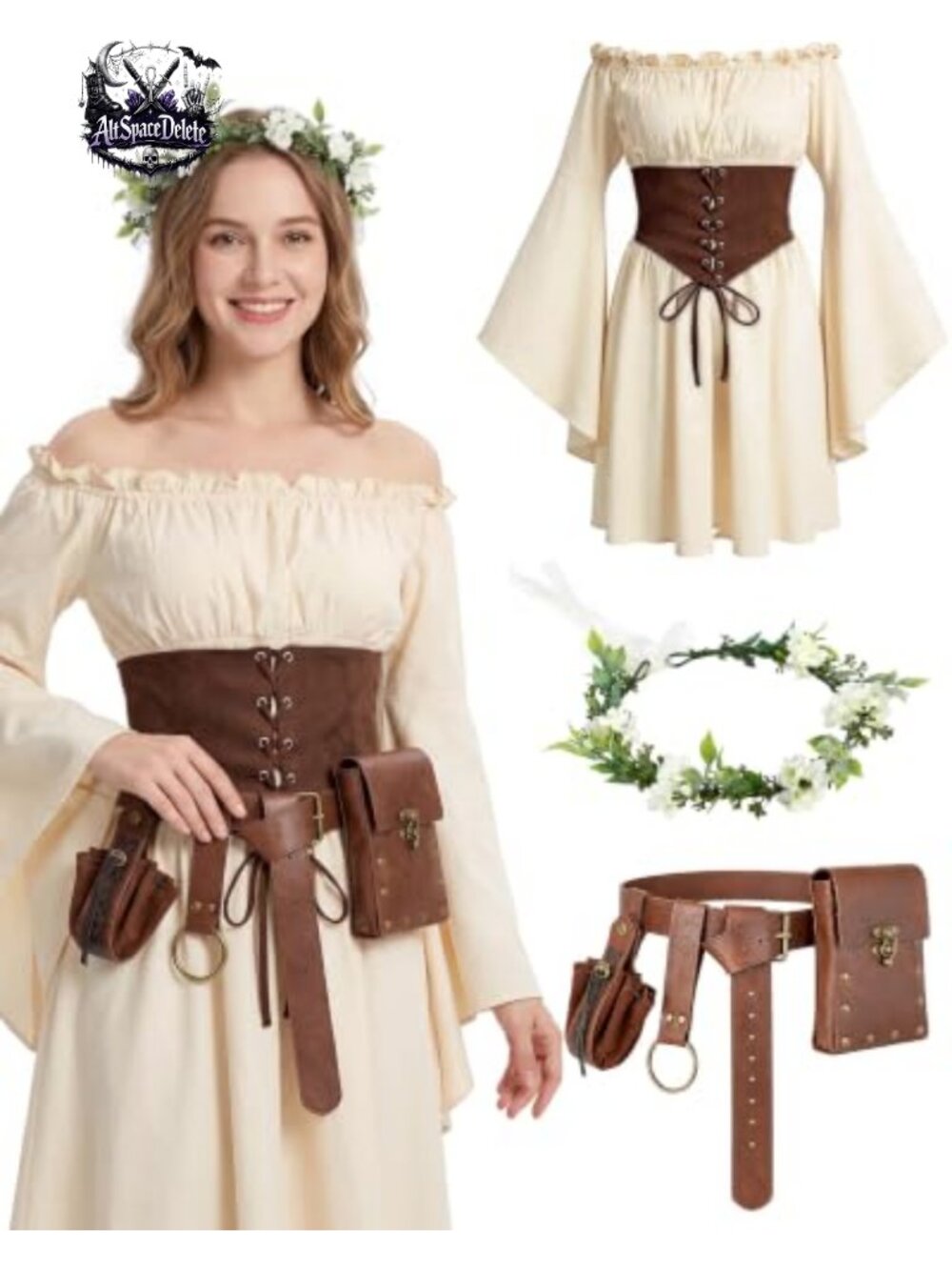 Renaissance Viking Costume Women Off-Shoulder Corset Dress 6-Piece Set
